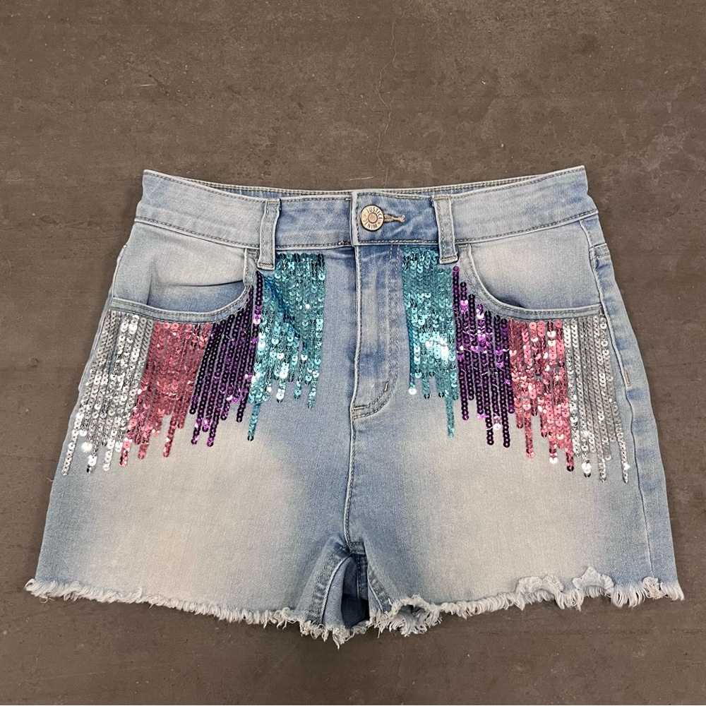 Justice Girls Light Blue Jean Shorts with Sequin Design